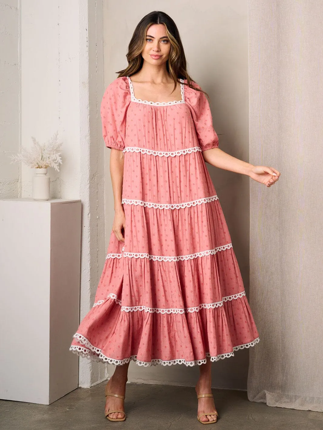 WOMEN'S SHORT PUFF SLEEVE SQUARE NECK SWISS DOTS MAXI TIERED DRESS