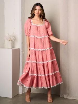WOMEN'S SHORT PUFF SLEEVE SQUARE NECK SWISS DOTS MAXI TIERED DRESS