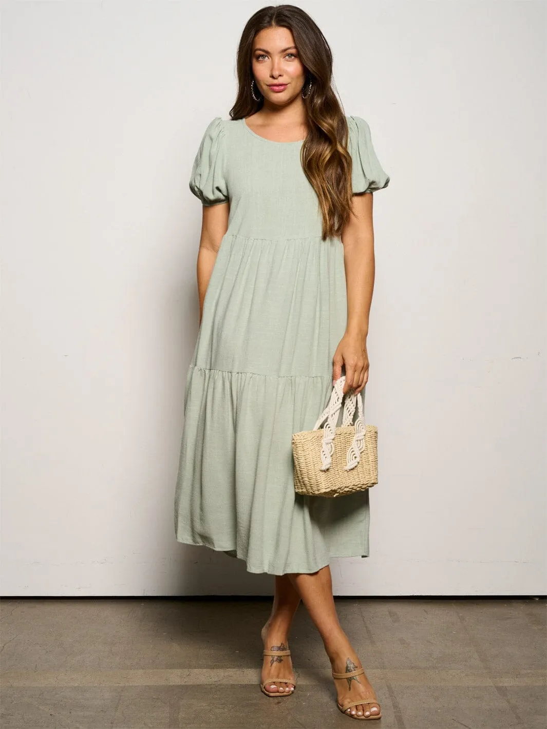 WOMEN'S SHORT PUFF SLEEVE TIERED TUNIC MIDI DRESS