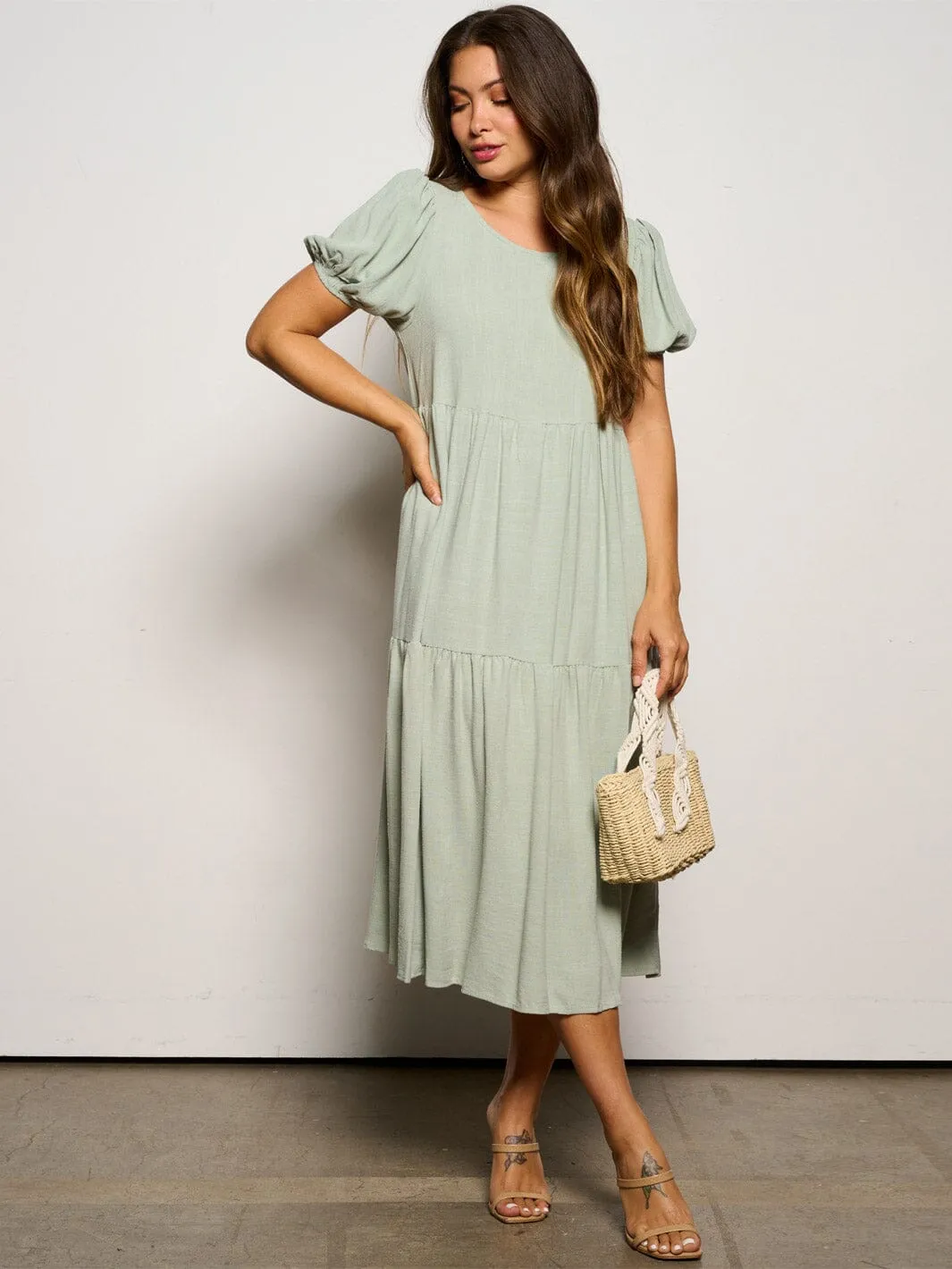 WOMEN'S SHORT PUFF SLEEVE TIERED TUNIC MIDI DRESS