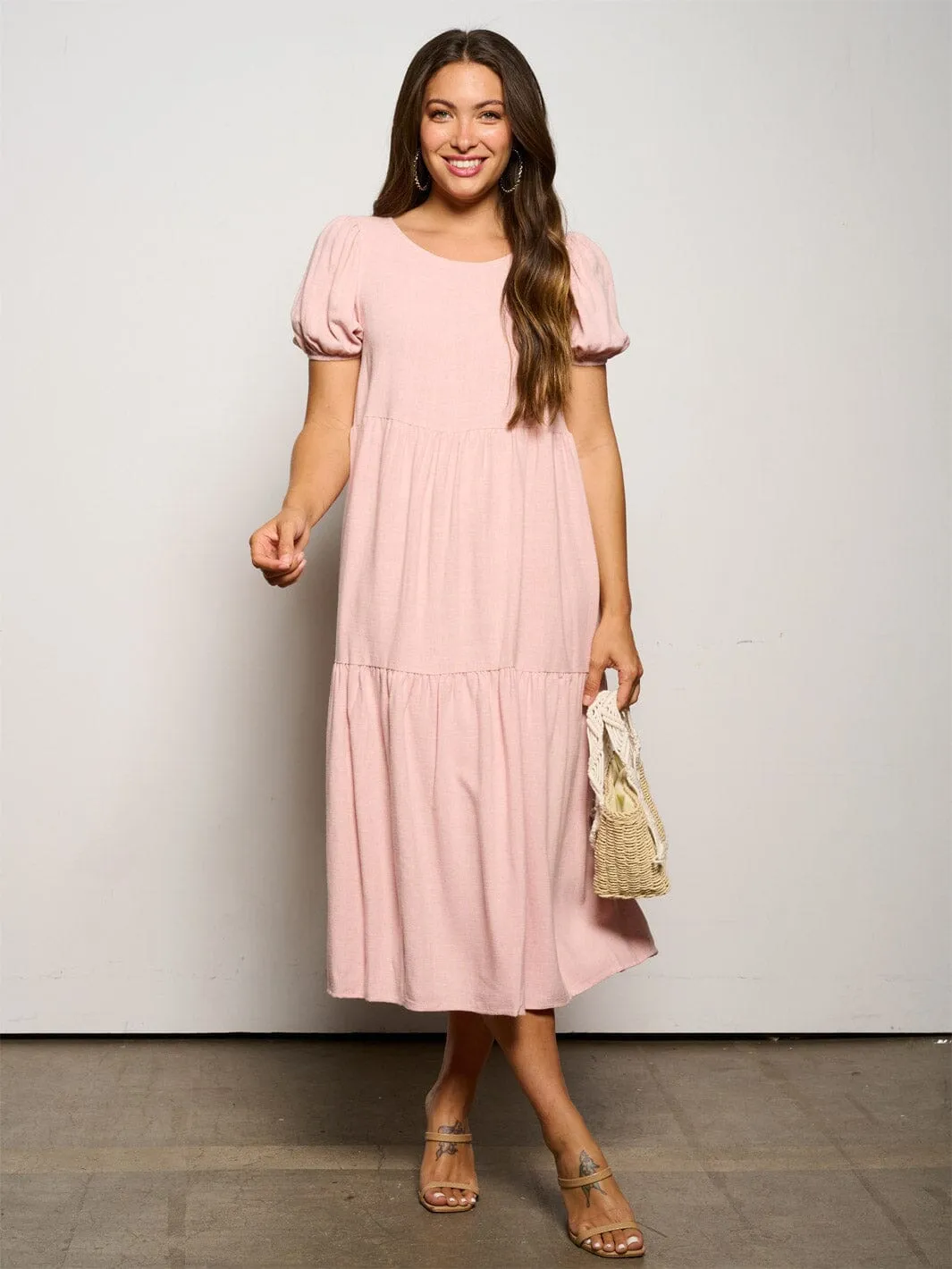WOMEN'S SHORT PUFF SLEEVE TIERED TUNIC MIDI DRESS