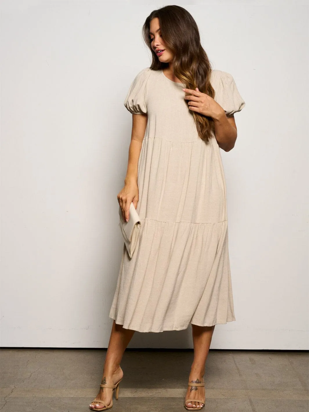 WOMEN'S SHORT PUFF SLEEVE TIERED TUNIC MIDI DRESS