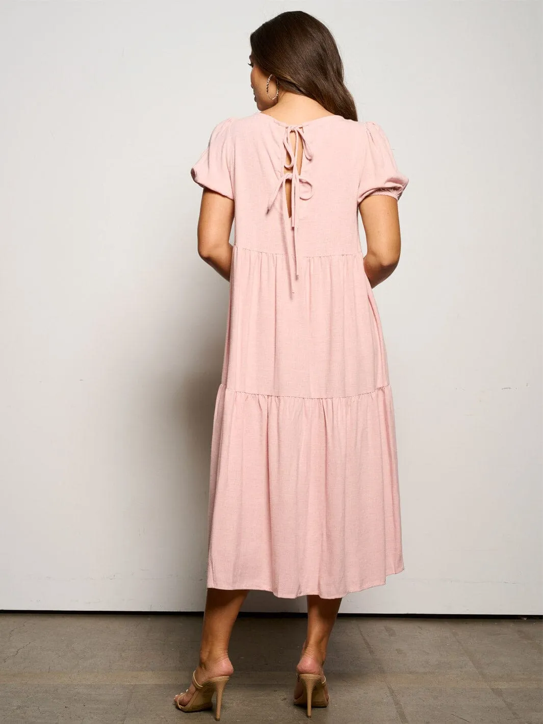 WOMEN'S SHORT PUFF SLEEVE TIERED TUNIC MIDI DRESS
