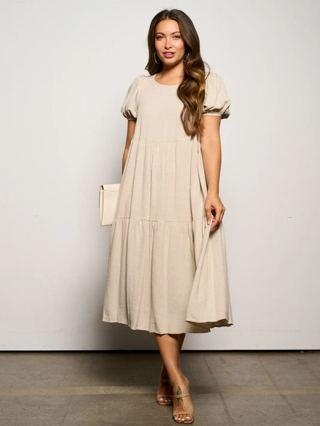 WOMEN'S SHORT PUFF SLEEVE TIERED TUNIC MIDI DRESS