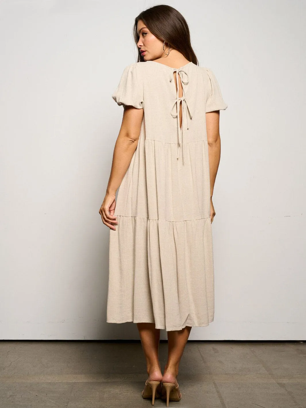 WOMEN'S SHORT PUFF SLEEVE TIERED TUNIC MIDI DRESS