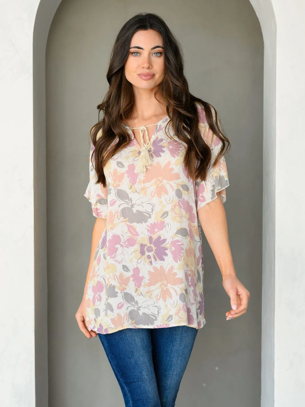 WOMEN'S SHORT RUFFLE SLEEVE FLORAL TUNIC TOP