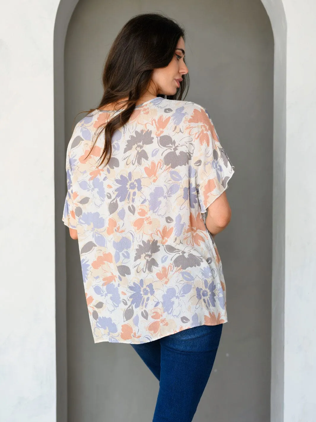 WOMEN'S SHORT RUFFLE SLEEVE FLORAL TUNIC TOP