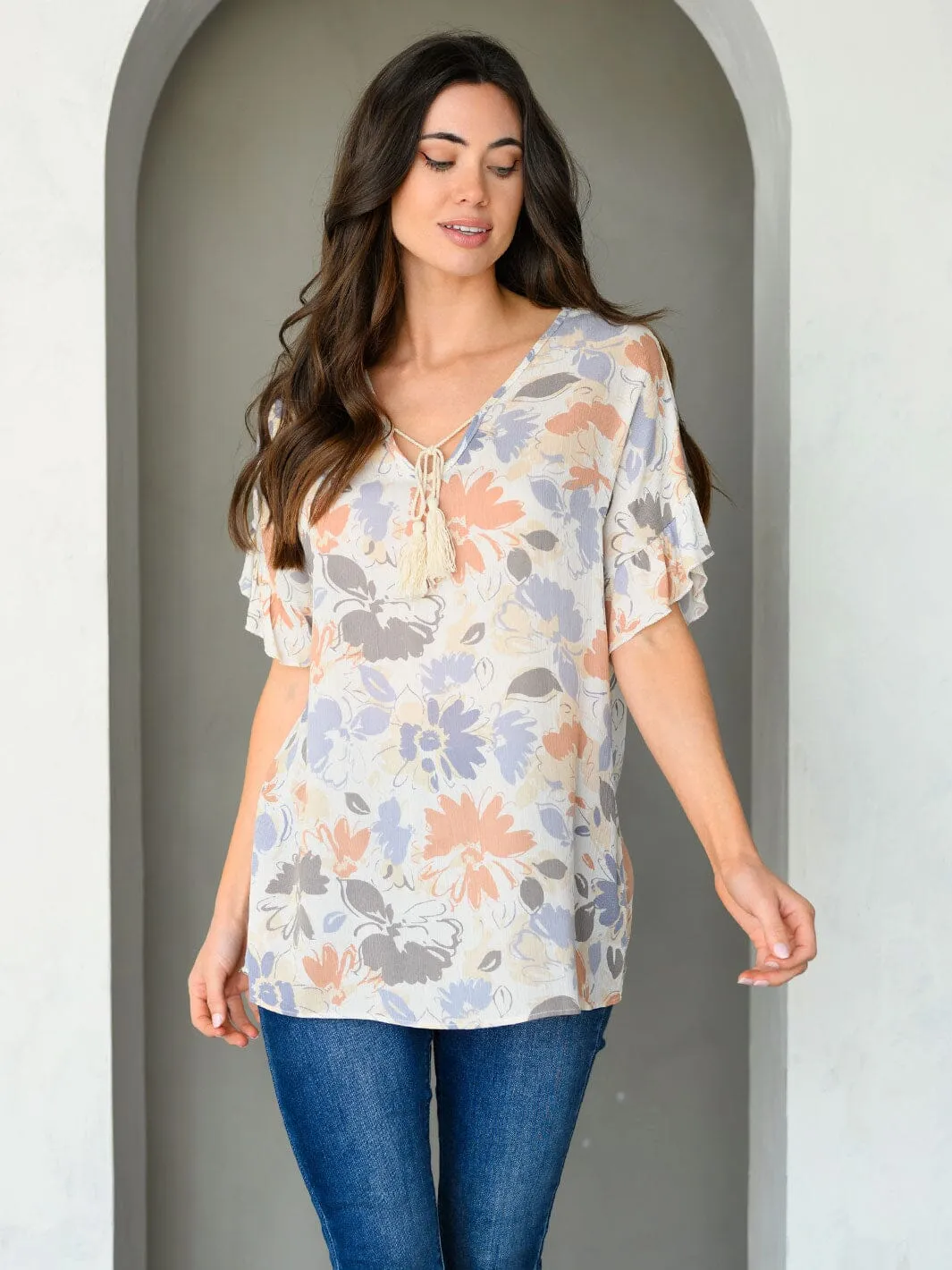 WOMEN'S SHORT RUFFLE SLEEVE FLORAL TUNIC TOP