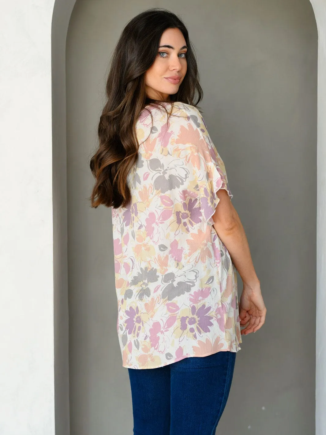 WOMEN'S SHORT RUFFLE SLEEVE FLORAL TUNIC TOP