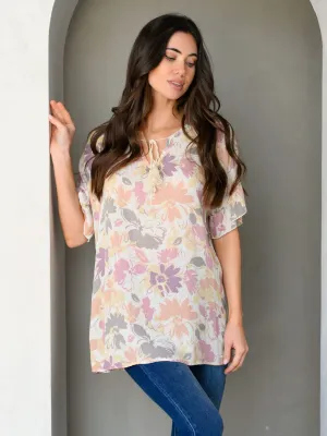 WOMEN'S SHORT RUFFLE SLEEVE FLORAL TUNIC TOP