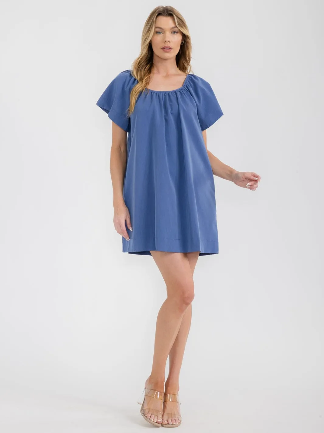 WOMEN'S SHORT SLEEVE BACK TIE FRONT POCKETS TUNIC MINI DRESS