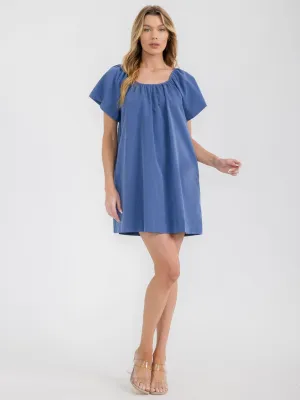 WOMEN'S SHORT SLEEVE BACK TIE FRONT POCKETS TUNIC MINI DRESS