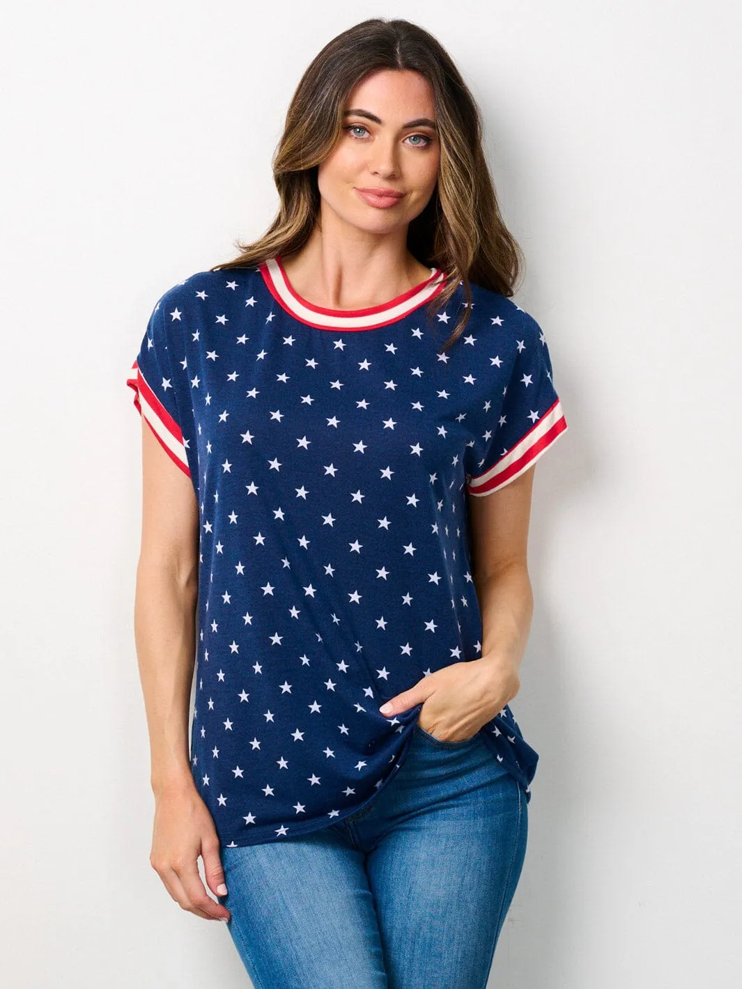 WOMEN'S SHORT SLEEVE FLAG PATRIOTIC TUNIC TOP