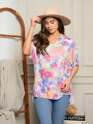 WOMEN'S SHORT SLEEVE FLORAL PRINT TUNIC TOP
