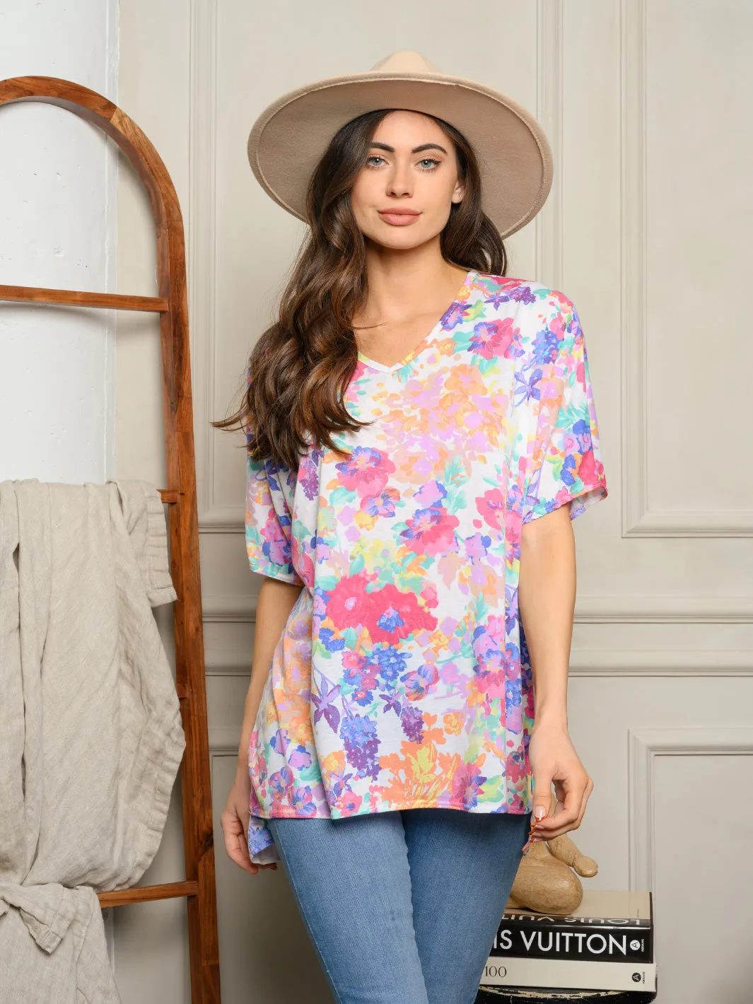 WOMEN'S SHORT SLEEVE FLORAL PRINT TUNIC TOP