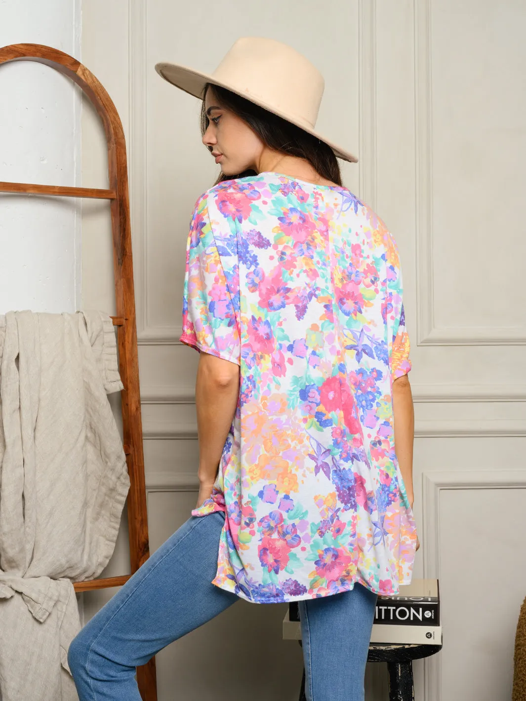WOMEN'S SHORT SLEEVE FLORAL PRINT TUNIC TOP