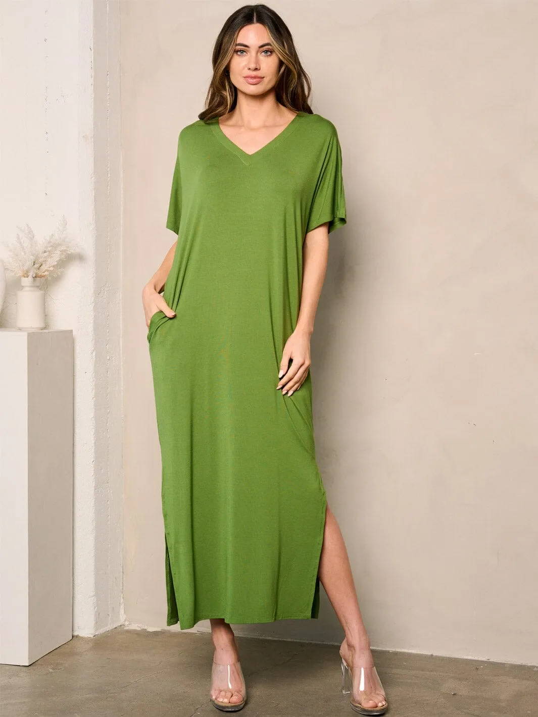 WOMEN'S SHORT SLEEVE SIDE SLIT POCKETS TUNIC MAXI DRESS