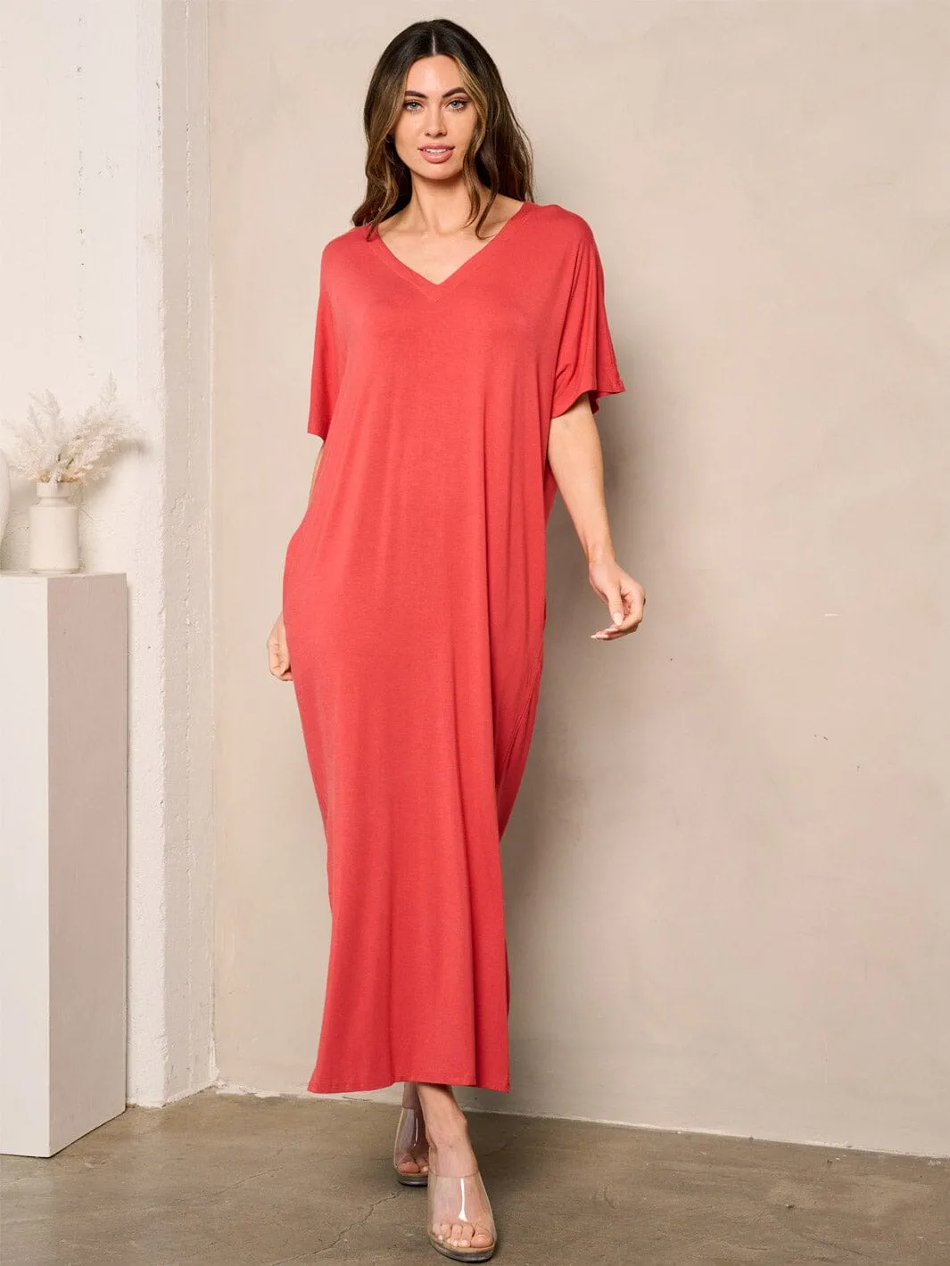 WOMEN'S SHORT SLEEVE SIDE SLIT POCKETS TUNIC MAXI DRESS