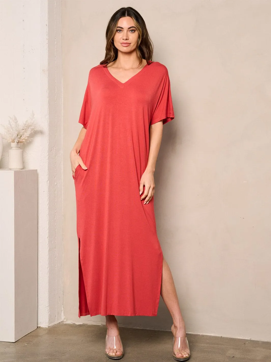 WOMEN'S SHORT SLEEVE SIDE SLIT POCKETS TUNIC MAXI DRESS