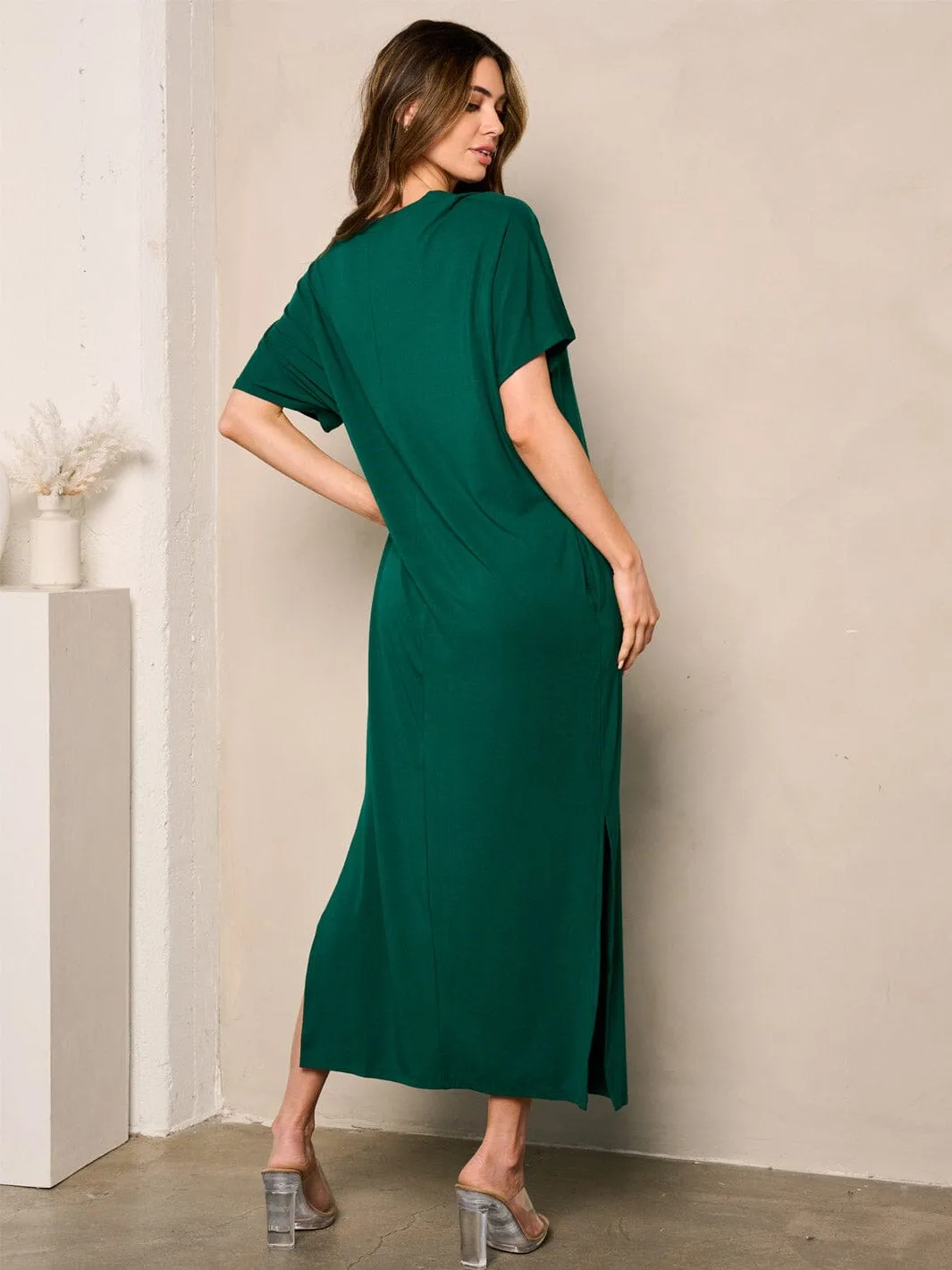 WOMEN'S SHORT SLEEVE SIDE SLIT POCKETS TUNIC MAXI DRESS