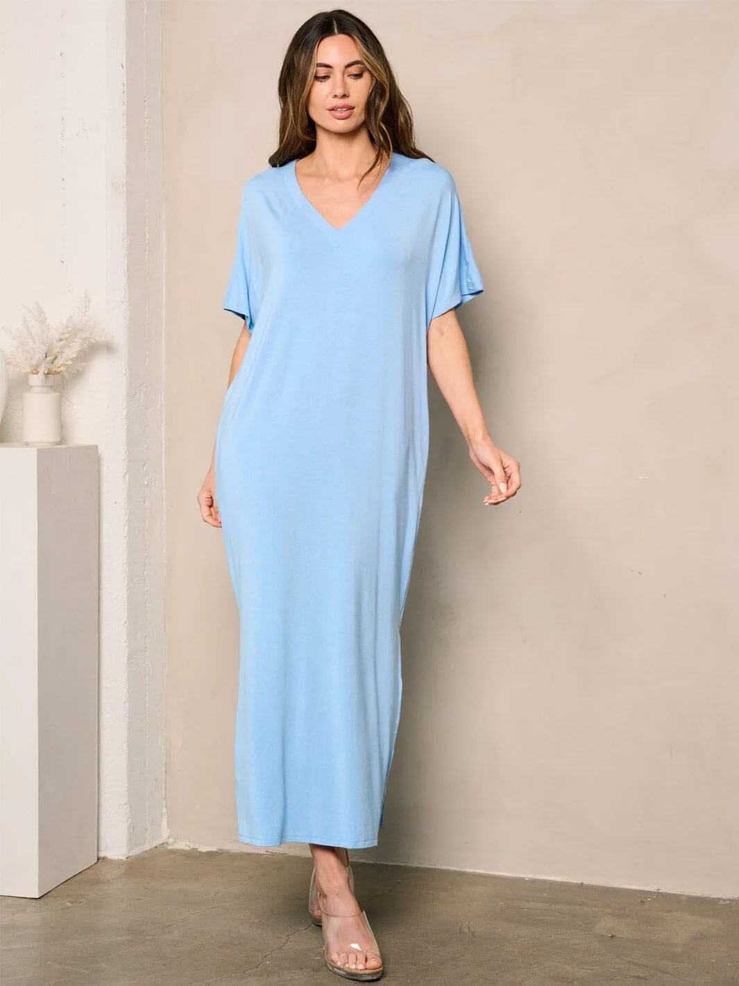 WOMEN'S SHORT SLEEVE SIDE SLIT POCKETS TUNIC MAXI DRESS