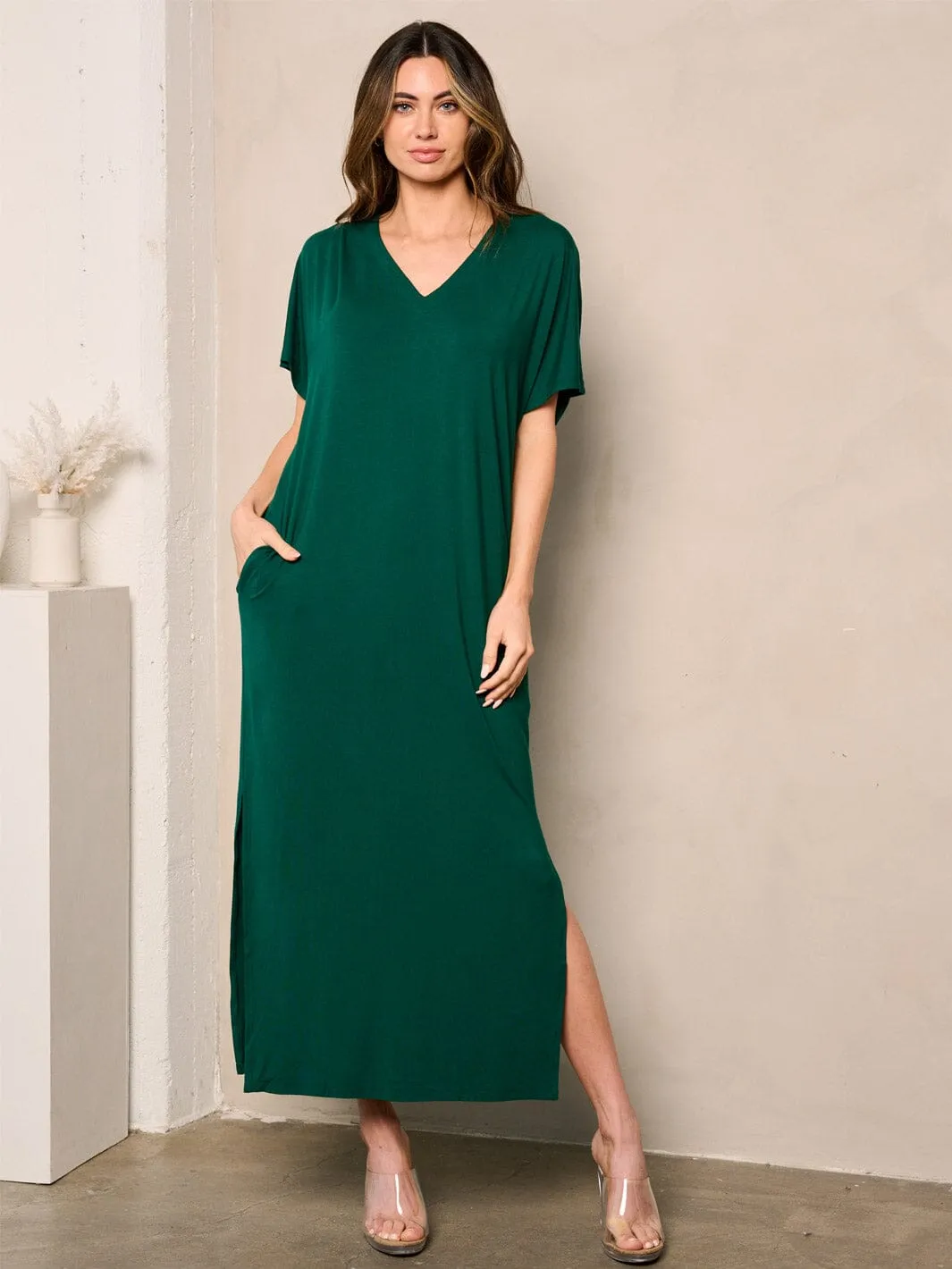 WOMEN'S SHORT SLEEVE SIDE SLIT POCKETS TUNIC MAXI DRESS