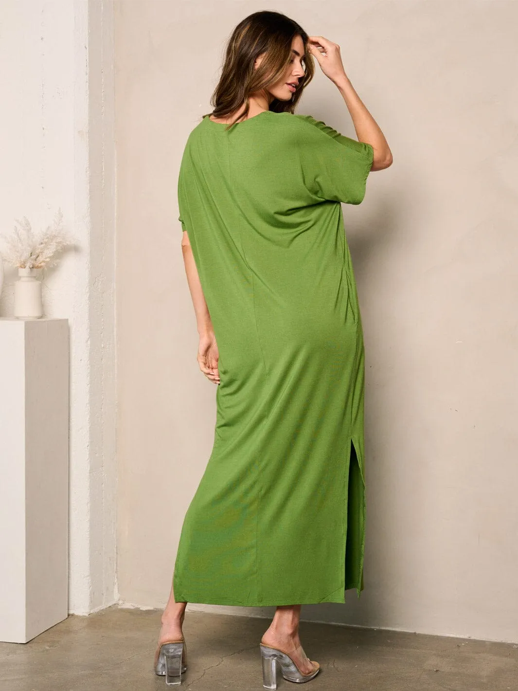 WOMEN'S SHORT SLEEVE SIDE SLIT POCKETS TUNIC MAXI DRESS
