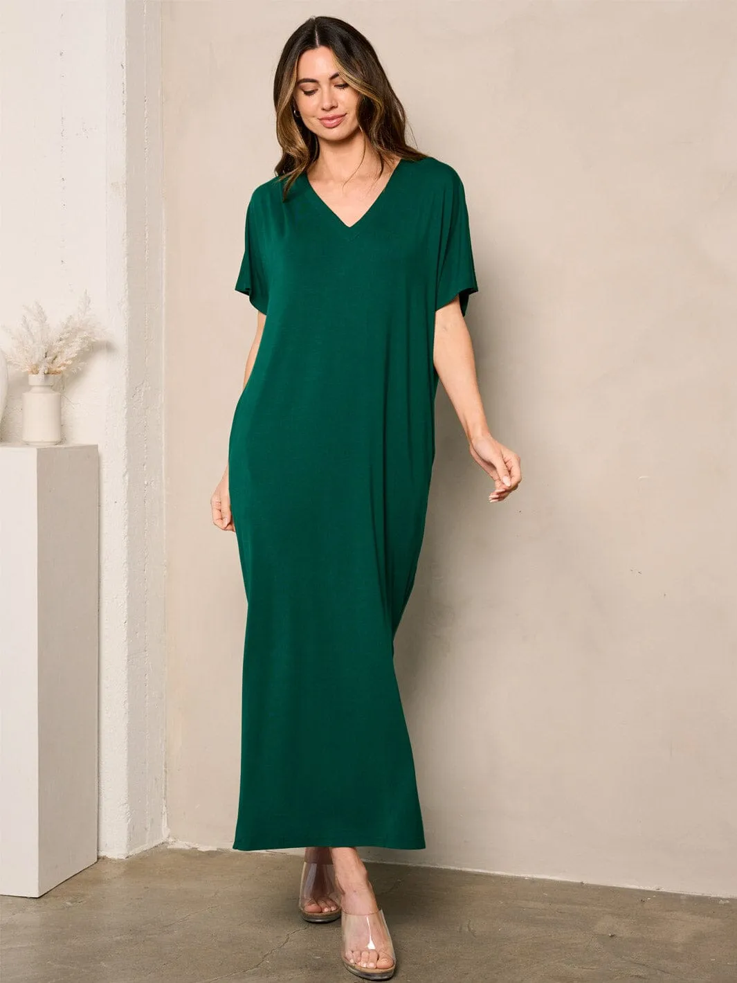 WOMEN'S SHORT SLEEVE SIDE SLIT POCKETS TUNIC MAXI DRESS