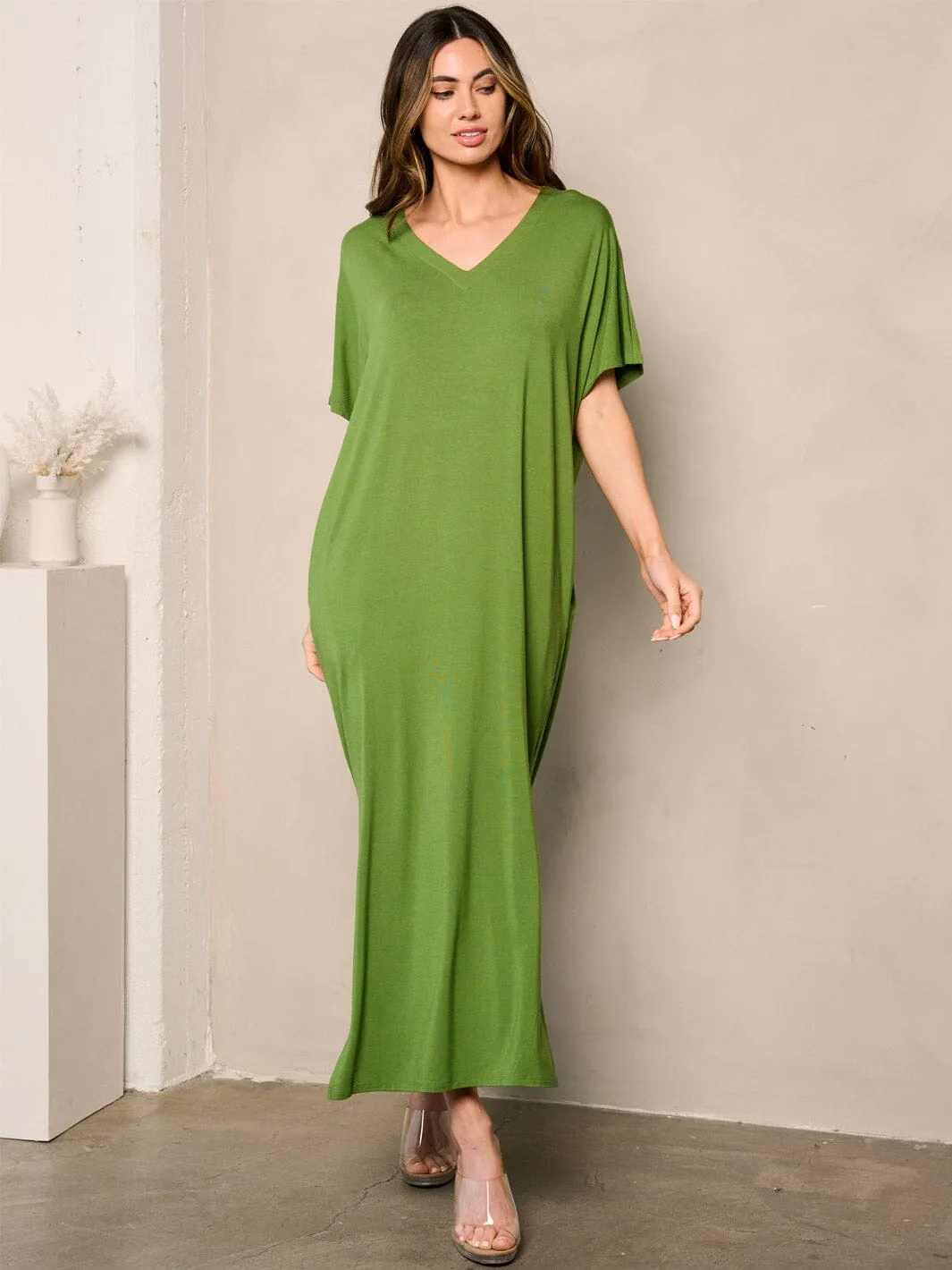 WOMEN'S SHORT SLEEVE SIDE SLIT POCKETS TUNIC MAXI DRESS