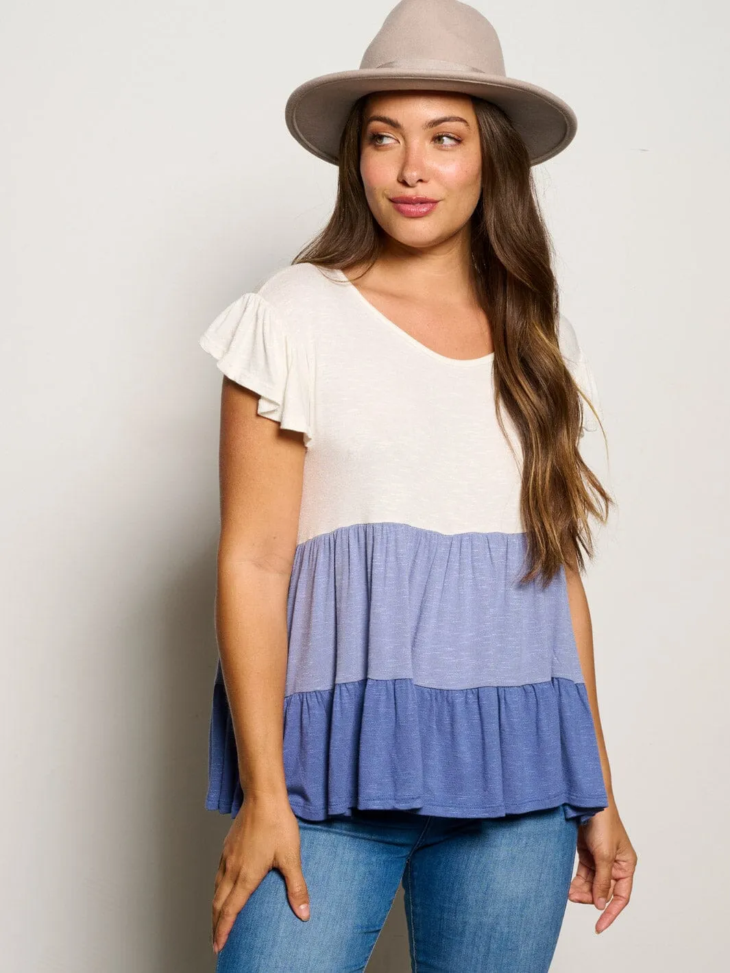 WOMEN'S SHORT SLEEVE TIERED COLORBLOCK TUNIC BLOUSE TOP
