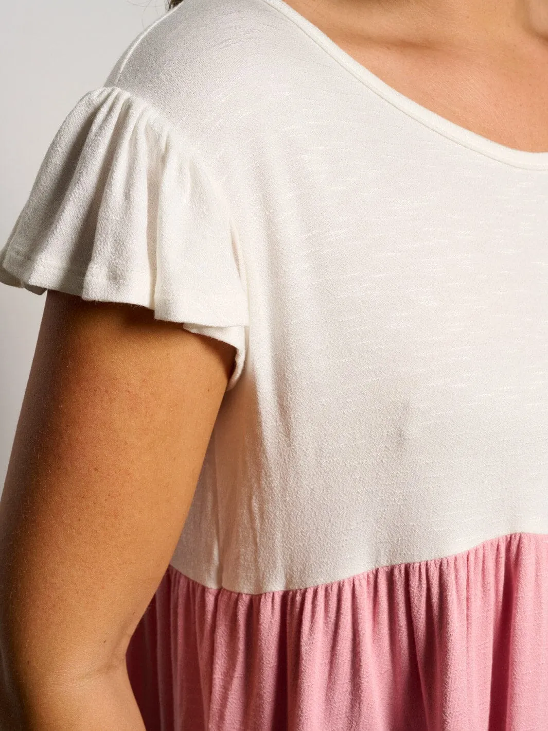 WOMEN'S SHORT SLEEVE TIERED COLORBLOCK TUNIC BLOUSE TOP