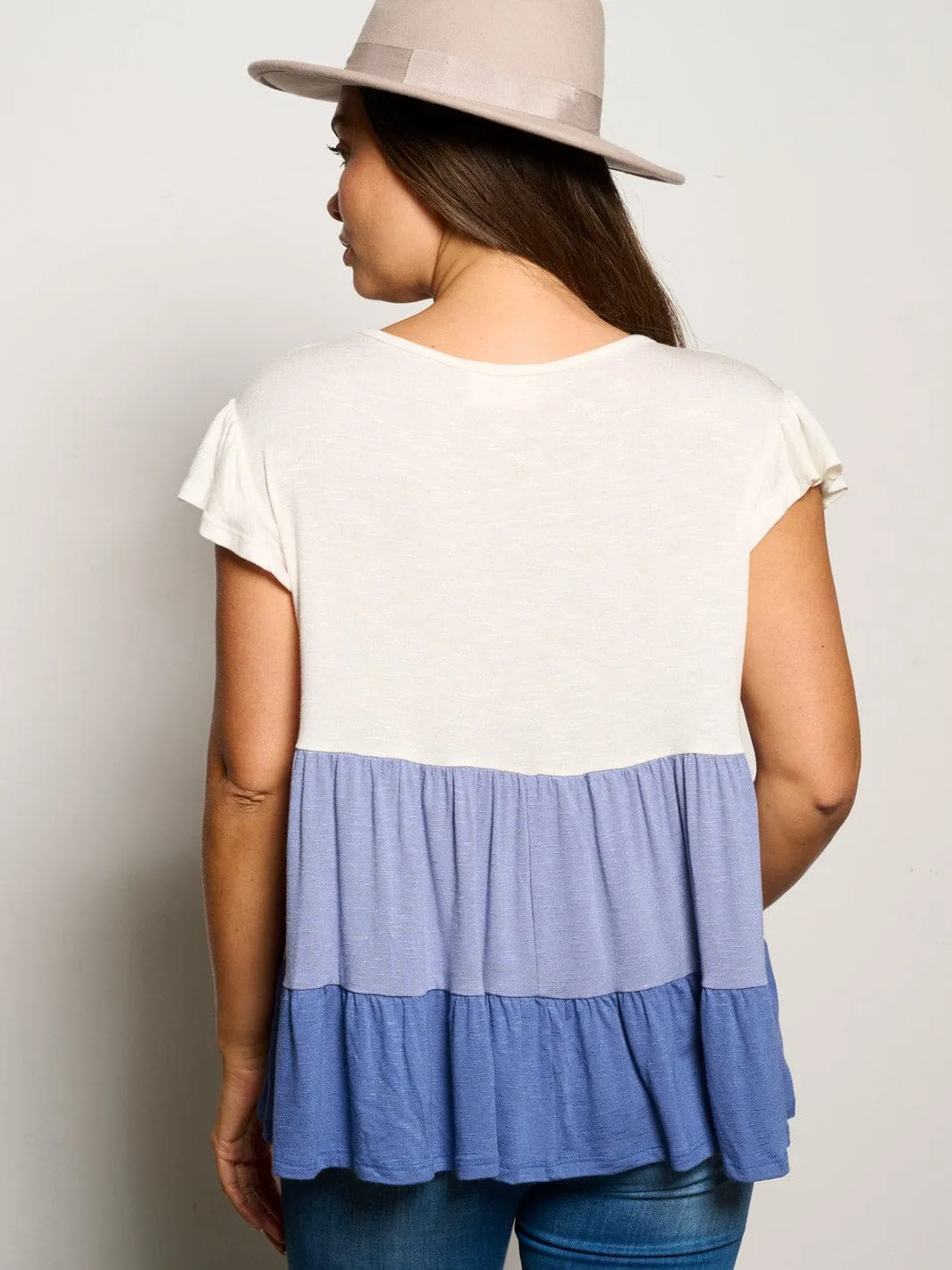 WOMEN'S SHORT SLEEVE TIERED COLORBLOCK TUNIC BLOUSE TOP