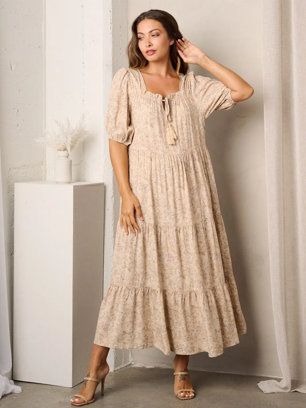 WOMEN'S SHORT SLEEVE TIERED TUNIC FLORAL MAXI DRESS