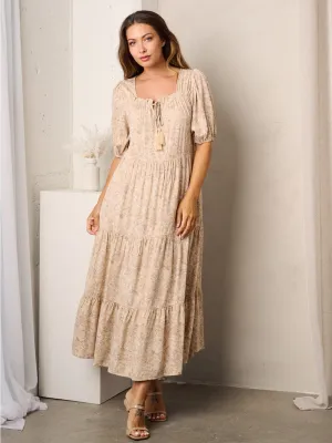 WOMEN'S SHORT SLEEVE TIERED TUNIC FLORAL MAXI DRESS