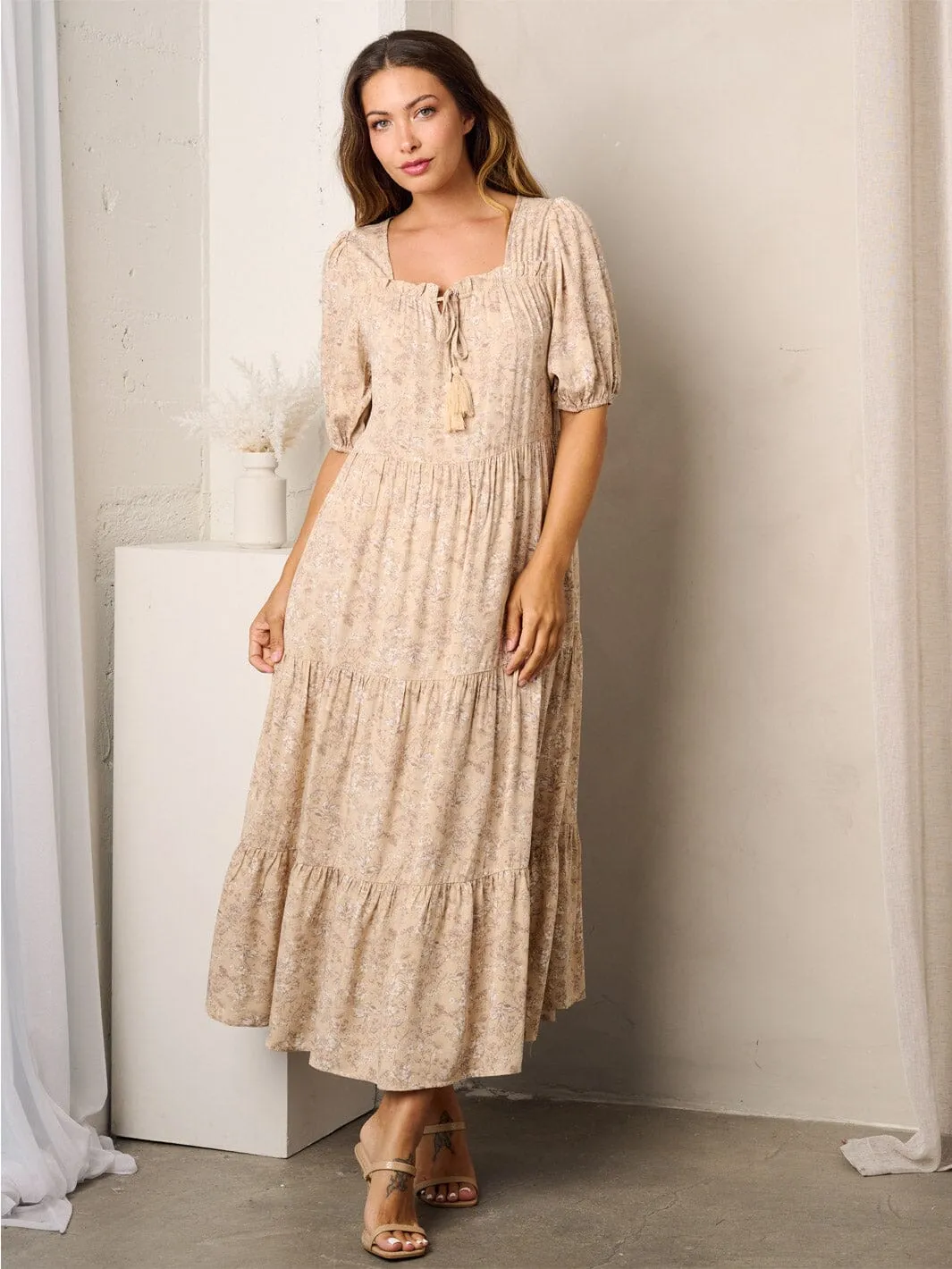 WOMEN'S SHORT SLEEVE TIERED TUNIC FLORAL MAXI DRESS