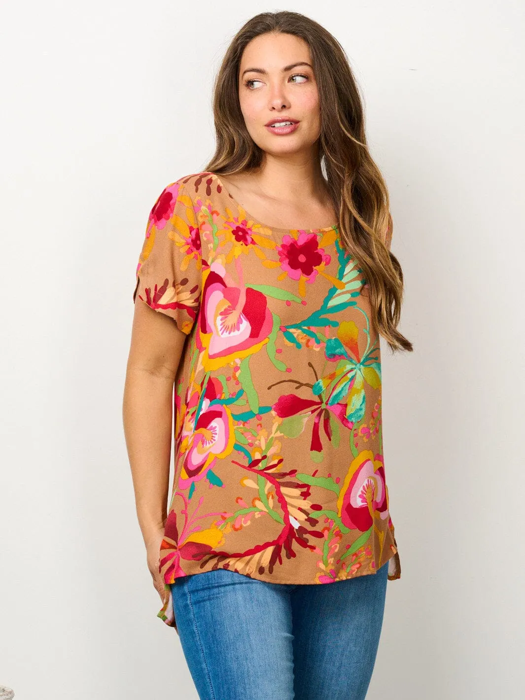 WOMEN'S SHORT SLEEVE TUNIC FLORAL BLOUSE TOP