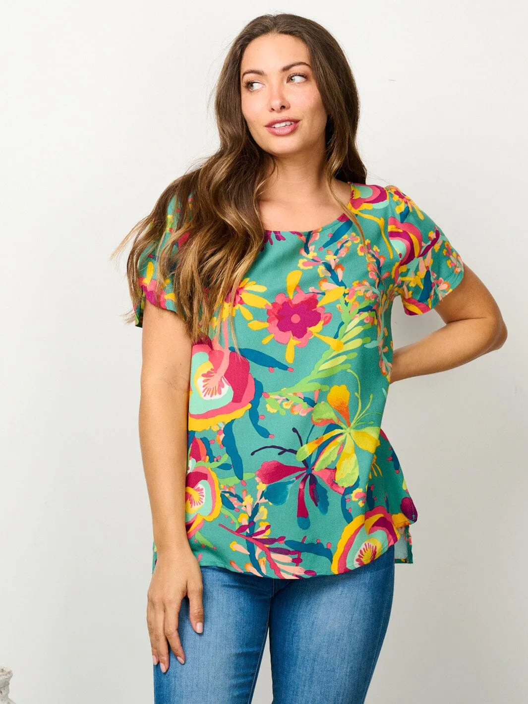 WOMEN'S SHORT SLEEVE TUNIC FLORAL BLOUSE TOP