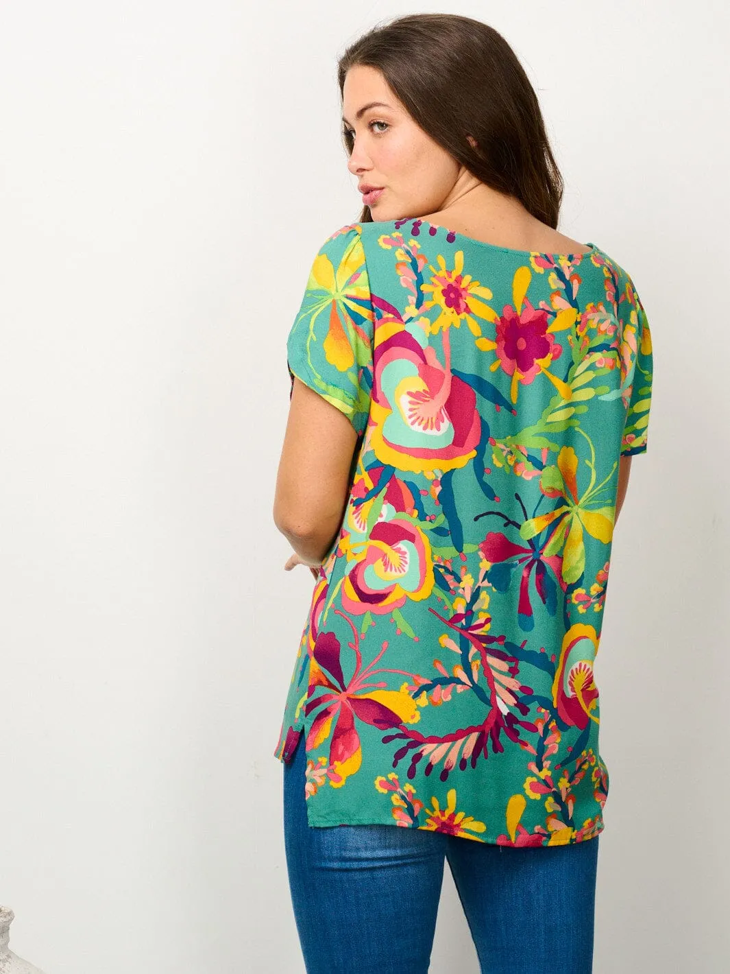 WOMEN'S SHORT SLEEVE TUNIC FLORAL BLOUSE TOP