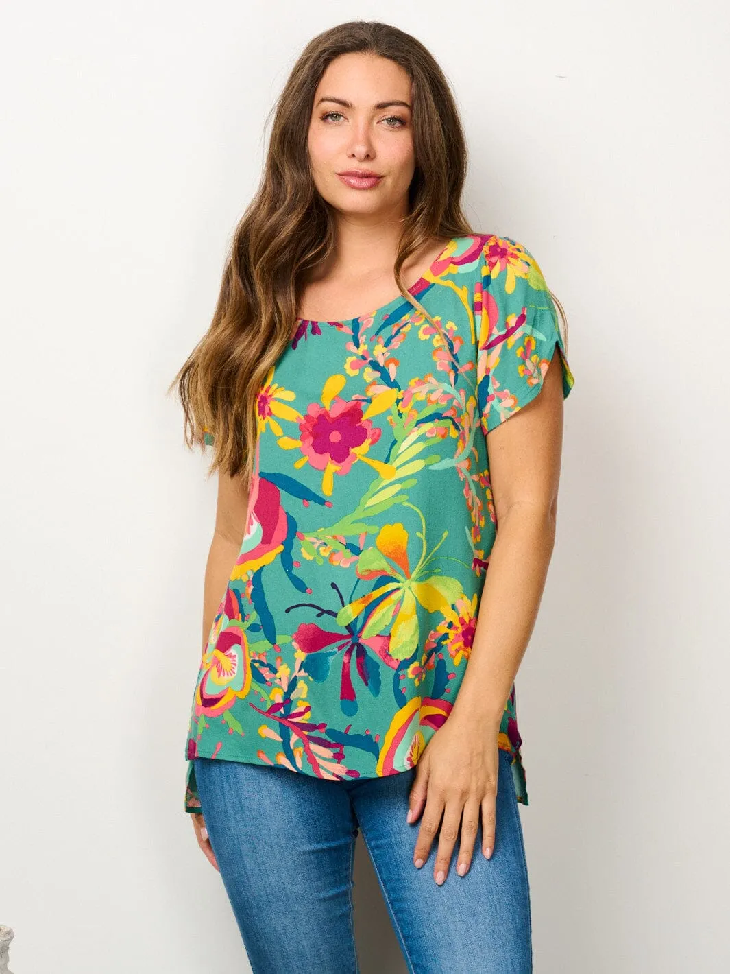 WOMEN'S SHORT SLEEVE TUNIC FLORAL BLOUSE TOP
