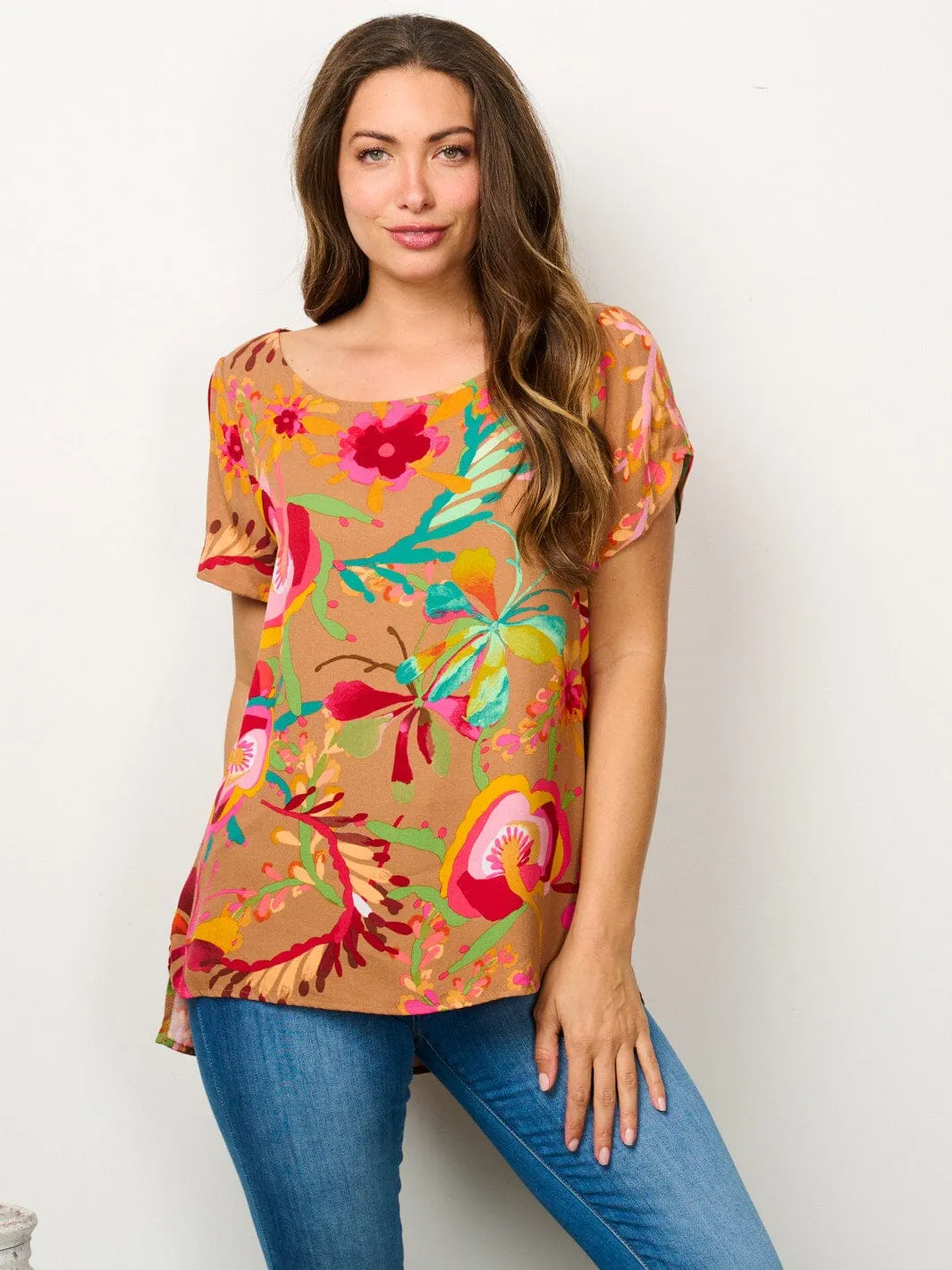 WOMEN'S SHORT SLEEVE TUNIC FLORAL BLOUSE TOP