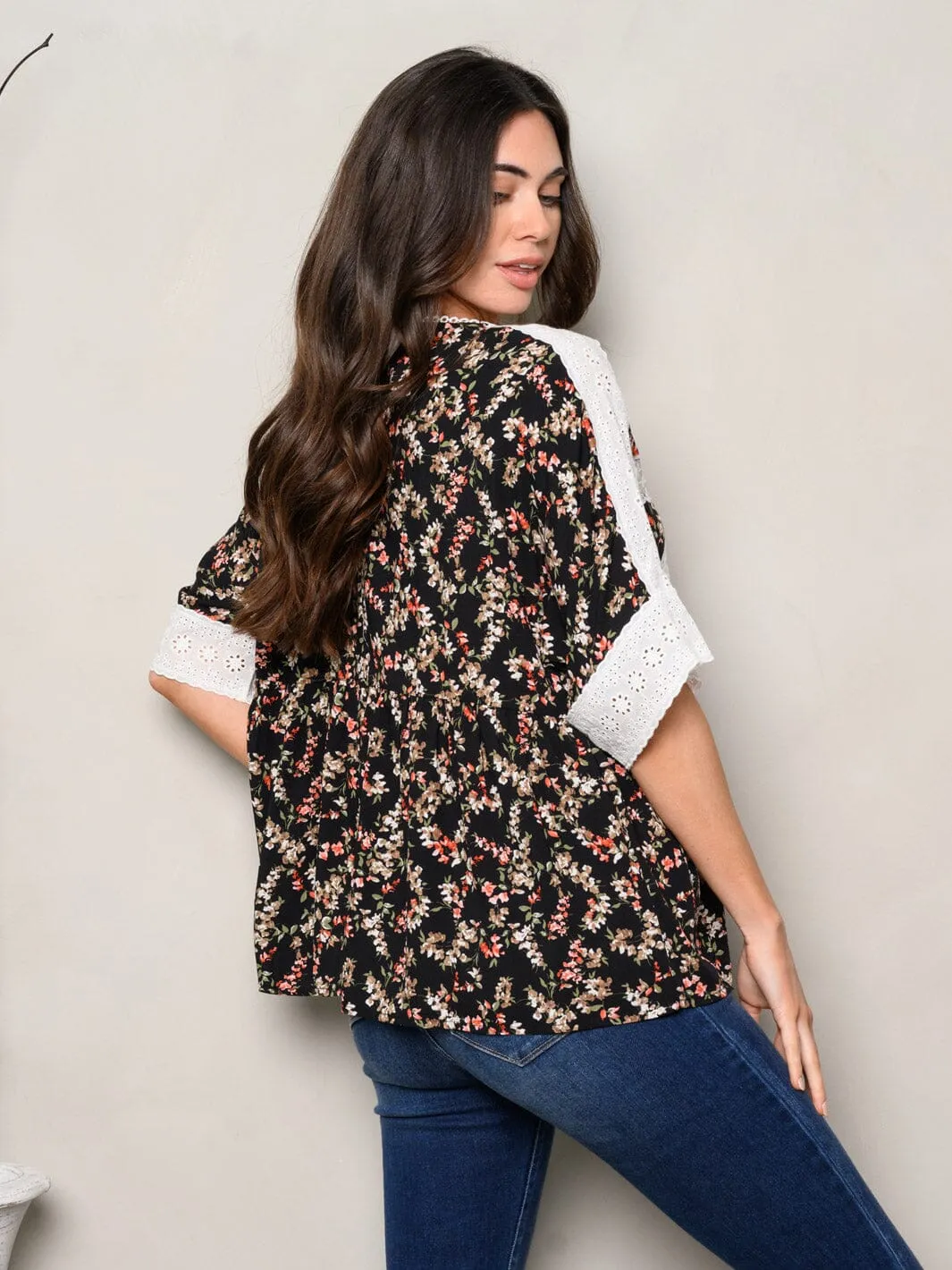 WOMEN'S SHORT SLEEVES FLORAL LACE TUNIC TOP