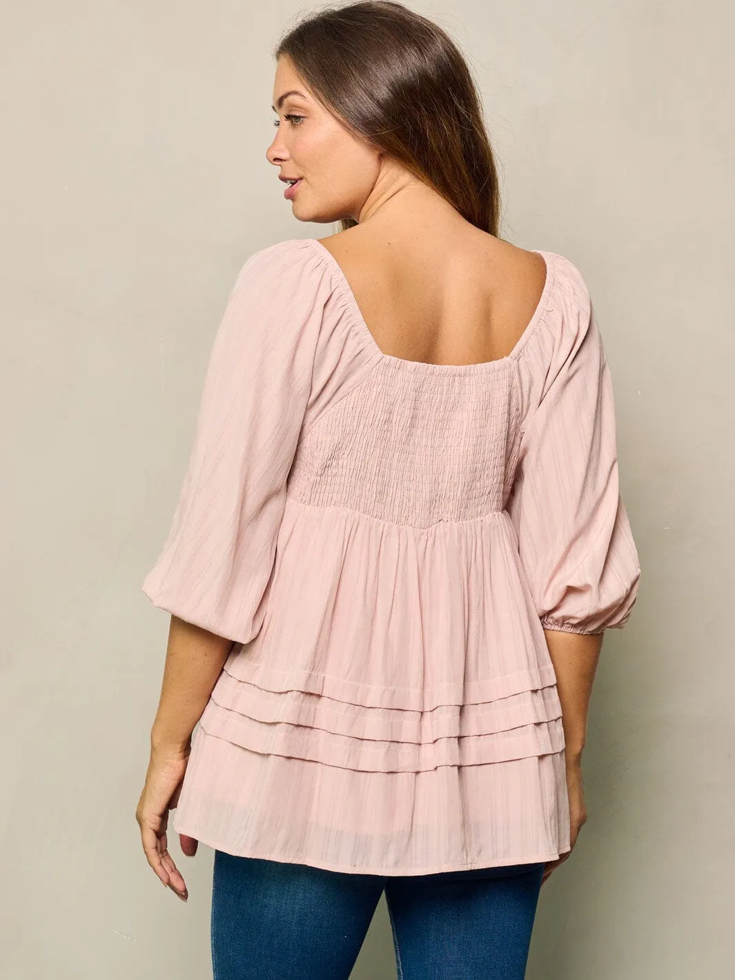 WOMEN'S SHORT SLEEVES SMOCK TUNIC BLOUSE TOP