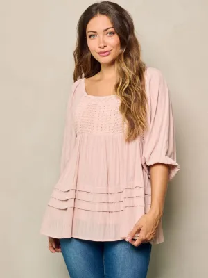 WOMEN'S SHORT SLEEVES SMOCK TUNIC BLOUSE TOP