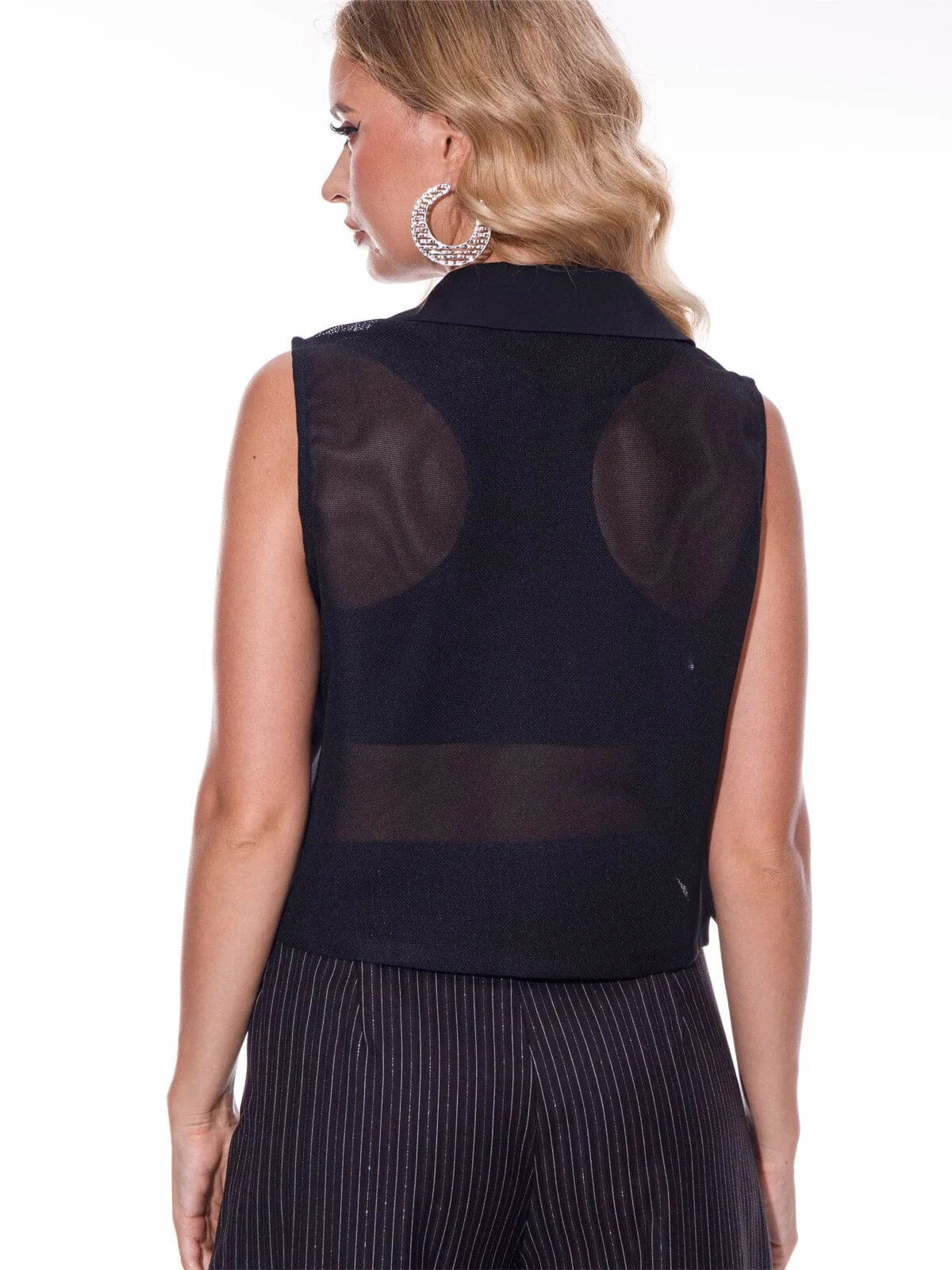 WOMEN'S SLEEVELESS  BUTTON CLOSURE FRONT DETAILED MESH VEST