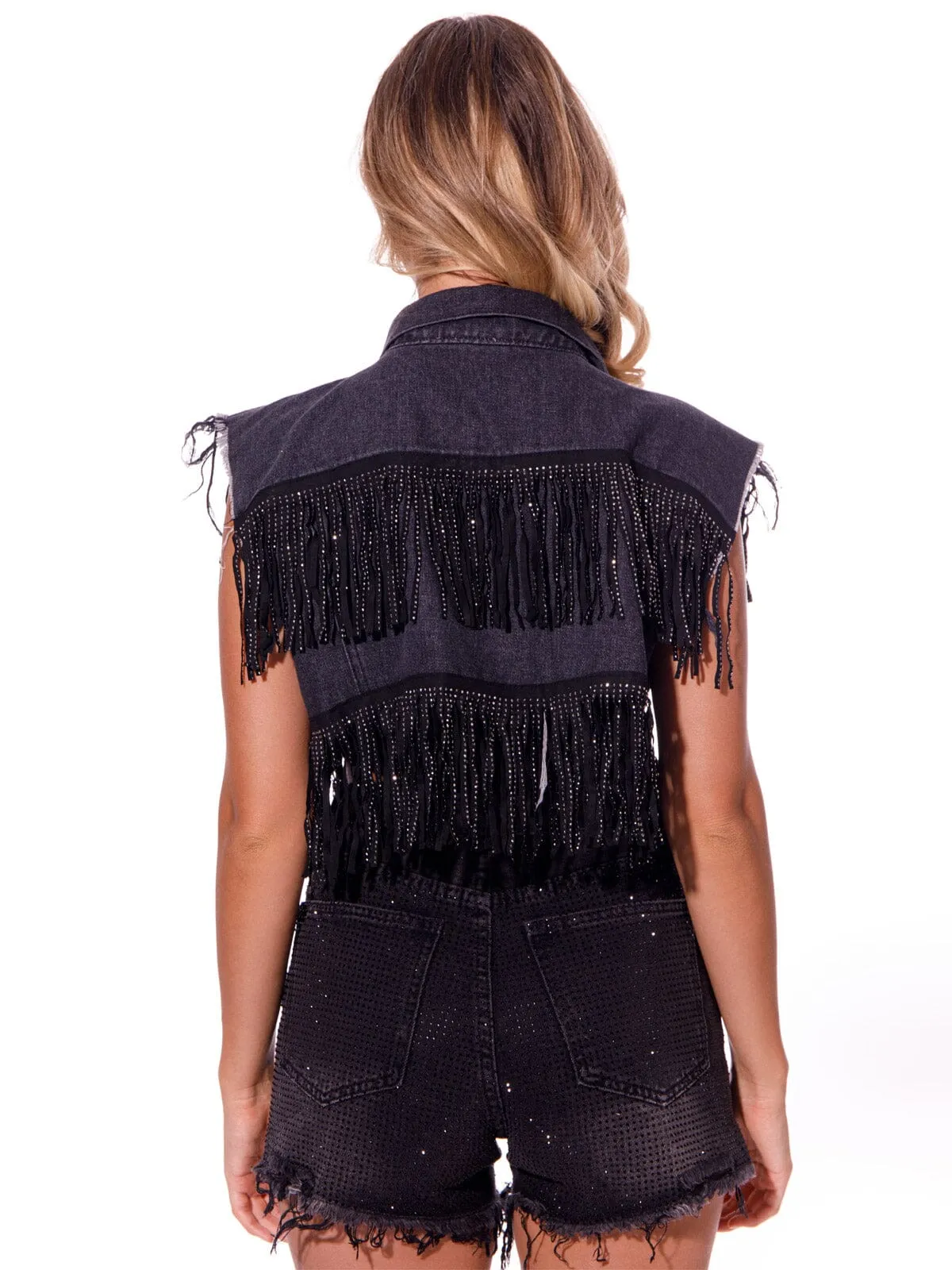WOMEN'S SLEEVELESS BUTTON UP FRINGE DENIM VEST