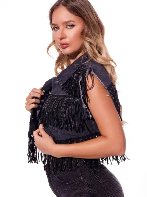 WOMEN'S SLEEVELESS BUTTON UP FRINGE DENIM VEST