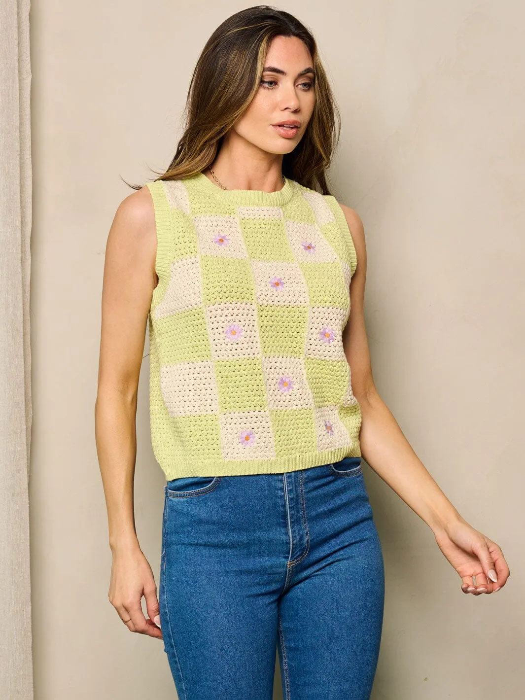 WOMEN'S SLEEVELESS KNIT FLORAL COLORBLOCK TOP
