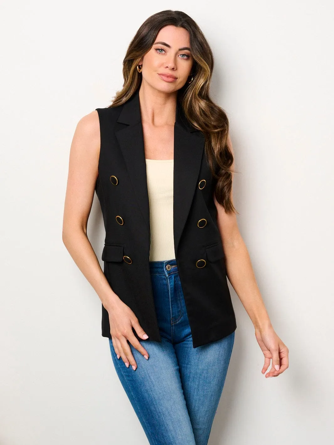 WOMEN'S SLEEVELESS OPEN FRONT BUTTONS DETAILED VEST