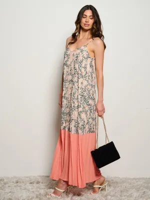 WOMEN'S SLEEVELESS PLEATED FLORAL TUNIC MAXI DRESS