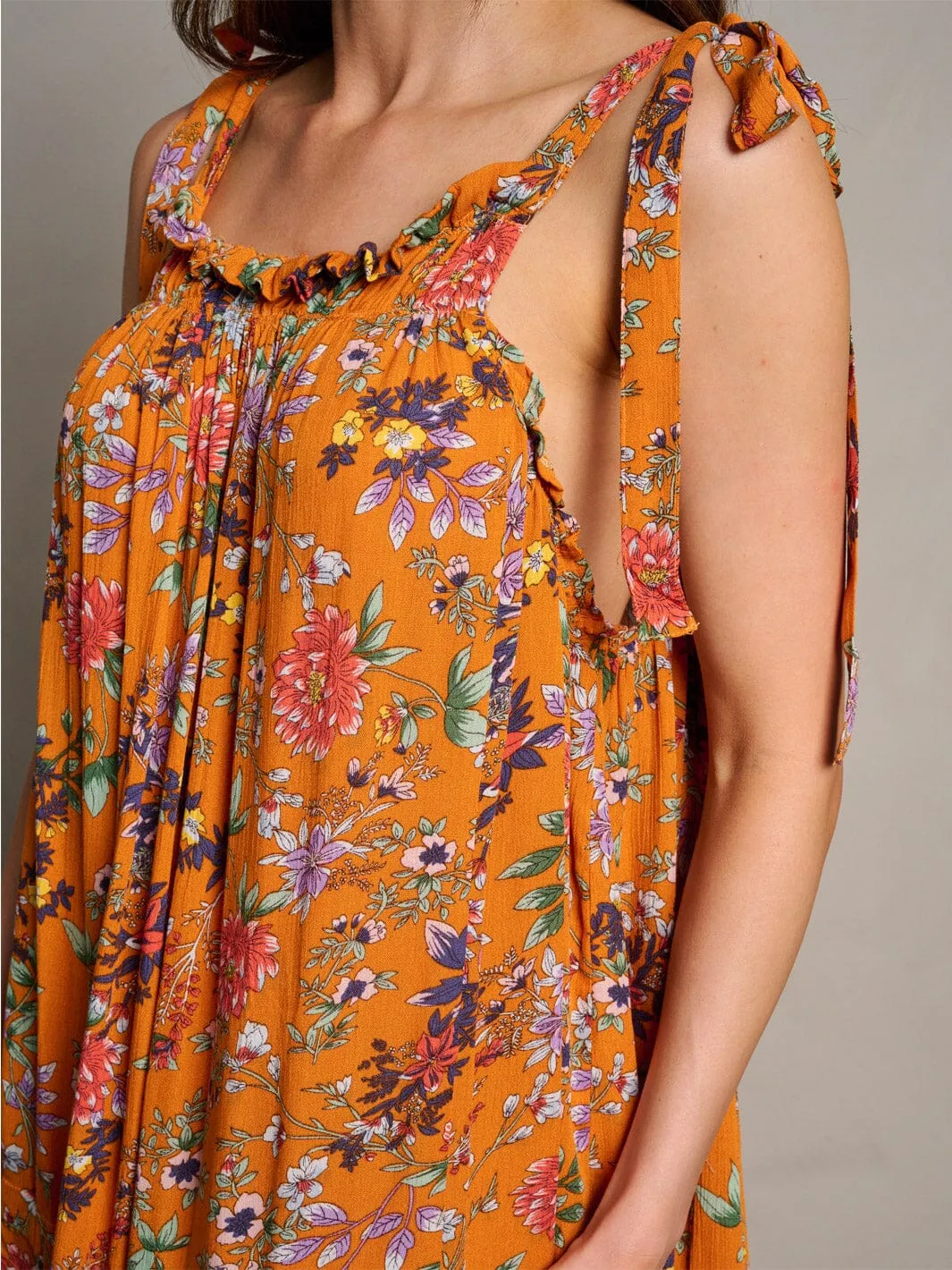 WOMEN'S SLEEVELESS RUFFLE BOTTOM HEM FLORAL TUNIC MINI DRESS